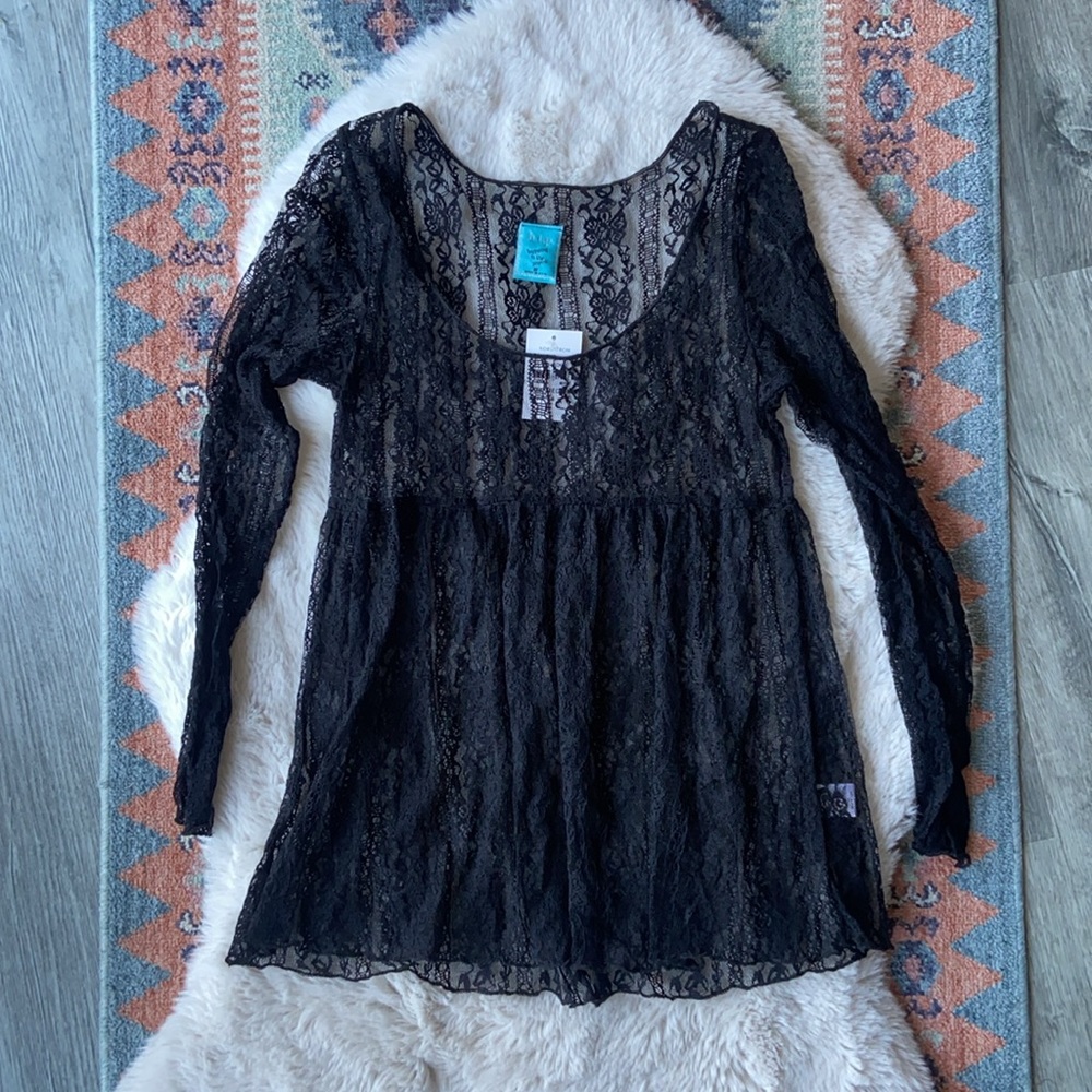 Nordstrom black lace babydoll top long sleeve sheer boho festival crochet medium - Picture 15 of 15
